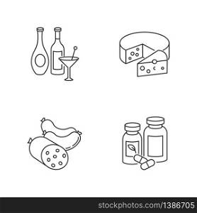 Grocery items pixel perfect linear icons set. Wine and spirits. Alcoholic drinks in bottles. Customizable thin line contour symbols. Isolated vector outline illustrations. Editable stroke. Grocery items pixel perfect linear icons set