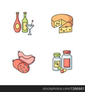 Grocery items RGB color icons set. Wine and spirits. Alcoholic drinks in bottles. Martini in glass. Cheese wheel with slice. Meat sausages. Pharmaceutical products. Isolated vector illustrations. Grocery items RGB color icons set