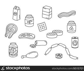 Grocery, preserves, semi finished, ready made and meat products vector doodles set. Food elements isolated black on white background. Hand drawn outline illustration of canned goods, sausages, beef.. Grocery, preserves, semi finished, ready made and meat products vector doodles set. Food elements isolated black on white background. Hand drawn outline illustration of canned goods, sausages, beef