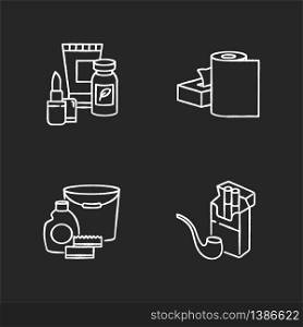 Grocery products chalk white icons set on black background. Beauty items. Food supplements in pills for health. Paper products. Disposable towel roll. Isolated vector chalkboard illustrations. Grocery products chalk white icons set on black background