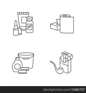 Grocery products pixel perfect linear icons set. Beauty items. Food supplements in pills for health. Customizable thin line contour symbols. Isolated vector outline illustrations. Editable stroke. Grocery products pixel perfect linear icons set