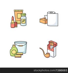 Grocery products RGB color icons set. Beauty items. Food supplements in pills for health. Paper products. Disposable towel roll. Cleaning supplies. Tobacco, cigarettes. Isolated vector illustrations. Grocery products RGB color icons set