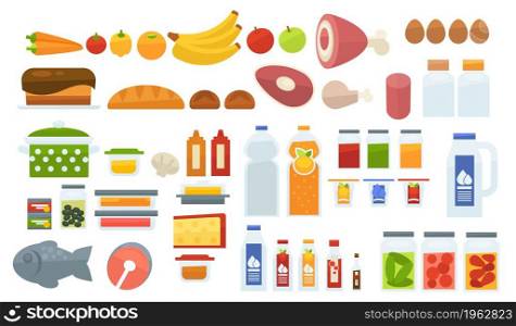 Grocery products variety of food and meal, assortment of vegetables and pastry, meat and sweet drinks. Juice and banana, croissant and fish salmon, beef and pork ingredients. Vector in flat style. Food and meal, grocery products taste assortment