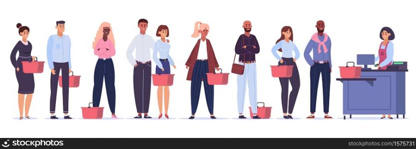 Grocery queue. Shopping characters in store line, crowd waiting for buy in line, grocery shop cashier queue vector illustration. Character in store service counter, line people customer. Grocery queue. Shopping characters in store line, crowd waiting for buy in line, grocery shop cashier queue vector illustration