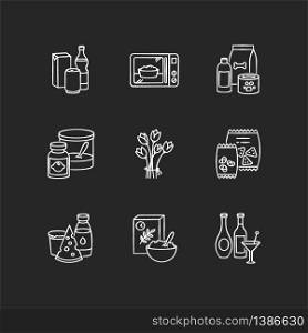 Grocery sections chalk white icons set on black background. Beverages in packages. Microwave food. Pet care products. Baby food. Flower bouquet. Isolated vector chalkboard illustrations. Grocery sections chalk white icons set on black background