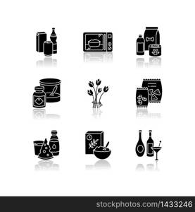 Grocery sections drop shadow black glyph icons set. Beverages in packages. Microwave food. Pet care products. Snack chips and crackers. Dairy products. Isolated vector illustrations on white space. Grocery sections drop shadow black glyph icons set