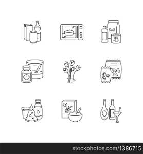 Grocery sections pixel perfect linear icons set. Beverages in packages. Microwave food. Baby food. Customizable thin line contour symbols. Isolated vector outline illustrations. Editable stroke. Grocery sections pixel perfect linear icons set
