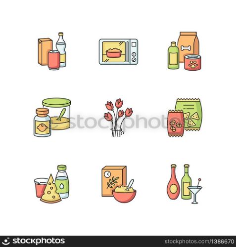 Grocery sections RGB color icons set. Beverages in packages. Microwave food. Pet care products. Baby food. Flower bouquet. Snack chips and crackers. Dairy products. Isolated vector illustrations. Grocery sections RGB color icons set