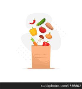 Grocery semi flat RGB color vector illustration. Farmer market products. Fresh vegetarian foodstuff from supermarket. Bag with premium vegetables isolated cartoon object on white background. Grocery semi flat RGB color vector illustration