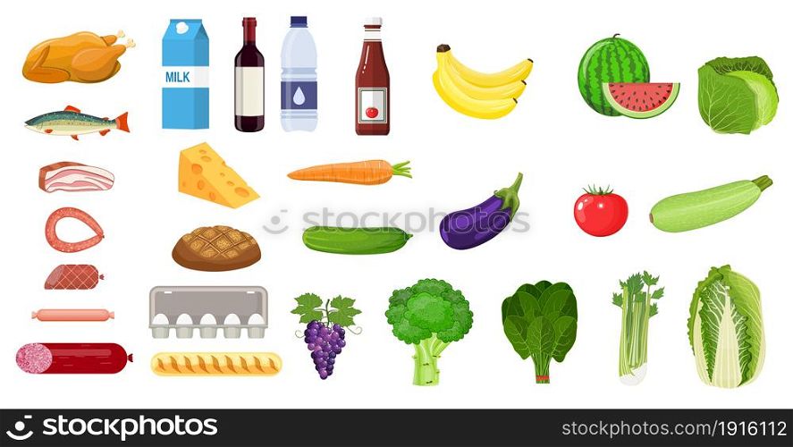 Grocery set icon. including meat fish, salad, bread, milk products. vector illustration in flat style. Grocery set icon
