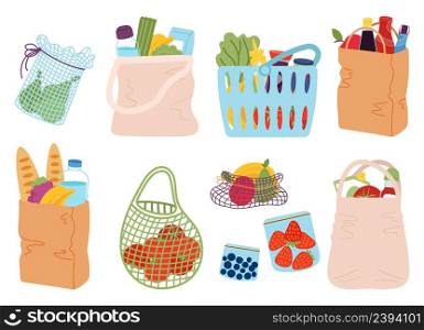 Grocery shop bag. Supermarket buying, foods in packaging. Cartoon baskets, paper bags with goods. Eco lifestyle, fruit and vegetables, decent vector set. Illustration of package for grocery. Grocery shop bag. Supermarket buying, foods in packaging. Cartoon baskets, paper bags with goods. Eco lifestyle, fruit and vegetables, decent vector set