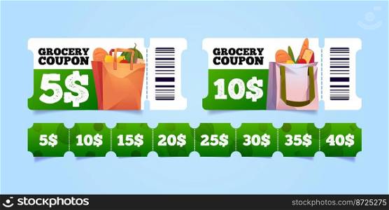 Grocery shop coupons, gift voucher for supermarket or store. Discount, sale tags template with cotton and paper shopping bags with food, vector cartoon illustration. Grocery shop coupons with food in bags