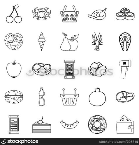 Grocery shop icons set. Outline set of 25 grocery shop vector icons for web isolated on white background. Grocery shop icons set, outline style
