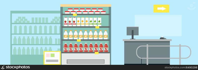 Grocery shop interior concept vector. Flat design. Refrigerator with food, shelves with goods, counter desk equipment with payment terminal. Illustration for shopping and payment services ad.. Grocery Shop Interior Concept Vector Illustration.. Grocery Shop Interior Concept Vector Illustration.