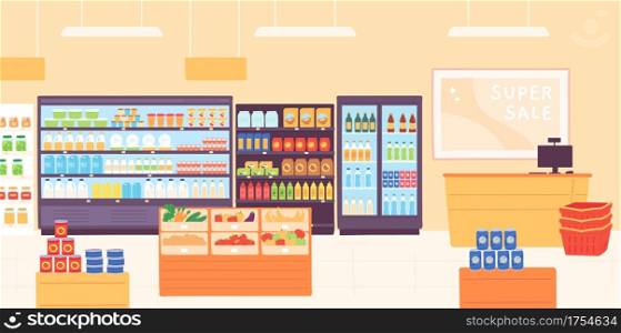 Grocery shop interior. Supermarket with food product shelves, racks with dairy, fruits, fridge with drinks and cashier. Store vector concept. Illustration shelf shop interior, supermarket product rack. Grocery shop interior. Supermarket with food product shelves, racks with dairy, fruits, fridge with drinks and cashier. Store vector concept