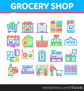 Grocery Shop Shopping Collection Icons Set Vector Thin Line. Internet Grocery Shop Or In Super Market, Scales And Cash Machine Concept Linear Pictograms. Color Contour Illustrations. Grocery Shop Shopping Collection Icons Set Vector
