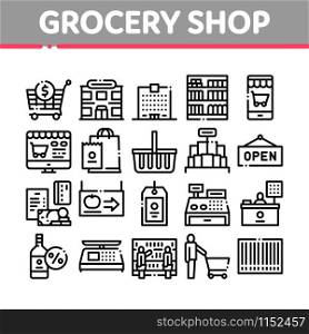 Grocery Shop Shopping Collection Icons Set Vector Thin Line. Internet Grocery Shop Or In Super Market, Scales And Cash Machine Concept Linear Pictograms. Monochrome Contour Illustrations. Grocery Shop Shopping Collection Icons Set Vector