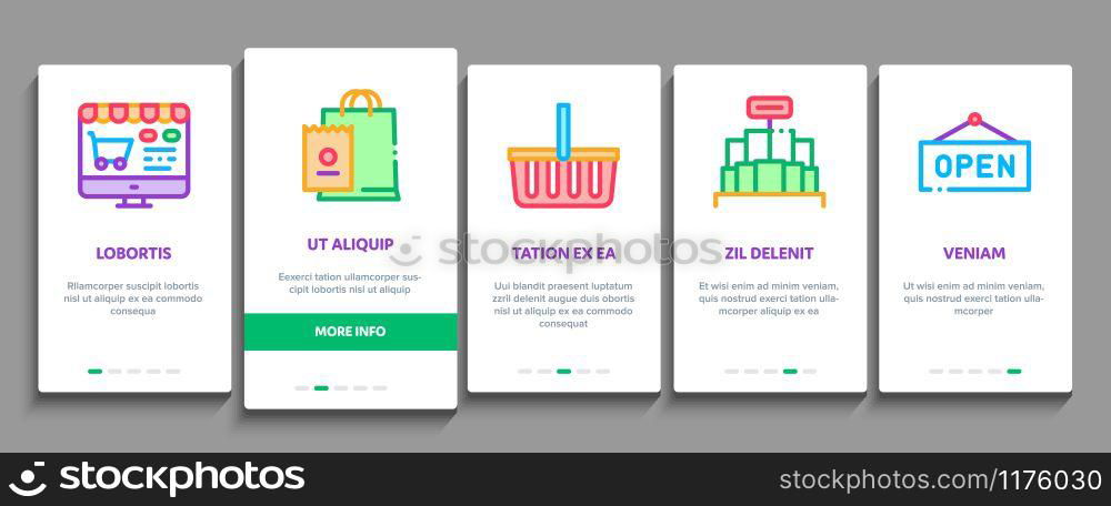 Grocery Shop Shopping Onboarding Mobile App Page Screen Vector. Internet Grocery Shop Or In Super Market, Scales And Cash Machine Concept Linear Pictograms. Color Contour Illustrations. Grocery Shop Shopping Onboarding Elements Icons Set Vector