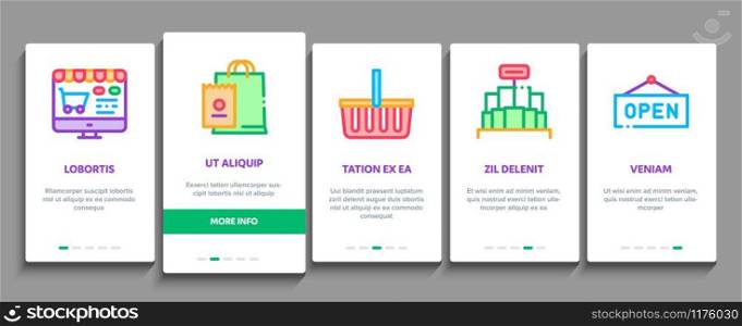 Grocery Shop Shopping Onboarding Mobile App Page Screen Vector. Internet Grocery Shop Or In Super Market, Scales And Cash Machine Concept Linear Pictograms. Color Contour Illustrations. Grocery Shop Shopping Onboarding Elements Icons Set Vector