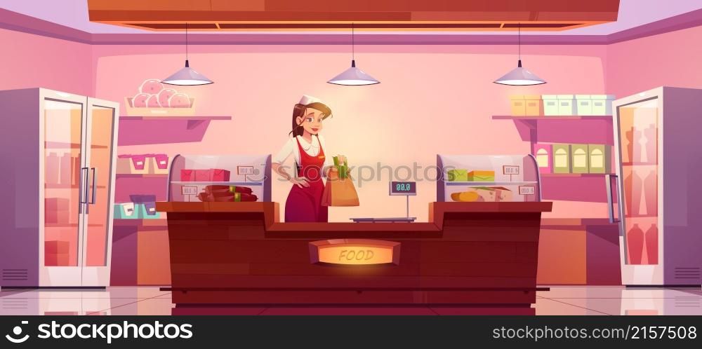 Grocery shop with woman seller holding paper package with products at vendor stall with various food at showcase. Saleswoman in uniform stand at cashier desk of minimarket, Cartoon vector illustration. Grocery shop with woman seller hold paper package