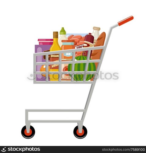 Grocery shopping cart with products. Full supermarket food basket. Supermarket. Vector illustration