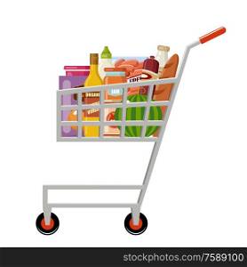 Grocery shopping cart with products. Full supermarket food basket. Supermarket. Vector illustration