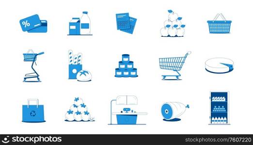 Grocery shopping flat icons set with blue and white vegetables bread meat fruit dairy products bag cards cart isolated on white background vector illustration