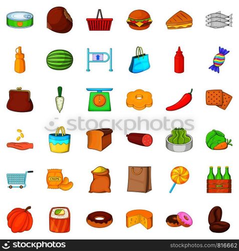 Grocery shopping icons set. Cartoon style of 36 grocery shopping vector icons for web isolated on white background. Grocery shopping icons set, cartoon style