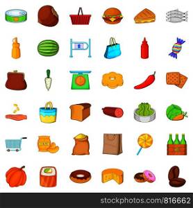 Grocery shopping icons set. Cartoon style of 36 grocery shopping vector icons for web isolated on white background. Grocery shopping icons set, cartoon style