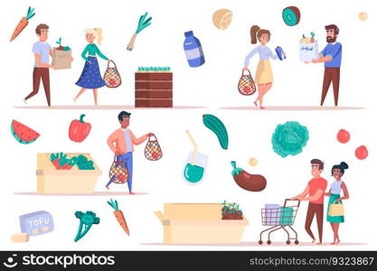 Grocery shopping isolated elements set. Bundle of men and women with bags and trolleys buy food, vegetables and fruits lie on counters. Creator kit for vector illustration in flat cartoon design