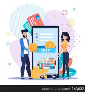 Grocery Shopping Online on Mobile Application. Happy Family Orders and Pays for Products from Internet Store Distantly. E-commerce and Delivery Service. Vector Flat Cartoon Illustration. Happy Family Grocery Shopping Online by Mobile App