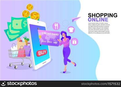 Grocery Shopping Online on Mobile Application. Smartphone marketing and e-commerce. Vector illustration.
