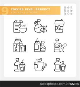 Grocery shopping pixel perfect linear icons set. Food retail. Eats and beverages. Convenience store. Customizable thin line symbols. Isolated vector outline illustrations. Editable stroke. Grocery shopping pixel perfect linear icons set