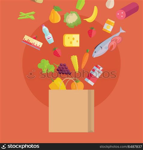 Grocery shopping vector concept. Purchases planning and buying fresh products for a week concept. Various foods falling in paper bag illustration for market, shop, food delivery ad, menu, prints.. Grocery Shopping Concept Banner Illustration. . Grocery Shopping Concept Banner Illustration.
