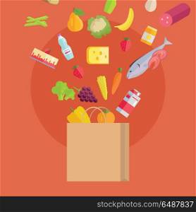 Grocery shopping vector concept. Purchases planning and buying fresh products for a week concept. Various foods falling in paper bag illustration for market, shop, food delivery ad, menu, prints.. Grocery Shopping Concept Banner Illustration. . Grocery Shopping Concept Banner Illustration.