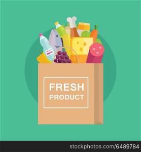 Grocery shopping vector concept. Purchases planning and buying fresh products for a week concept. Various foods sticking from paper bag illustration for market, shop, food delivery ad, menu, prints.. Grocery Shopping Concept Banner Illustration. . Grocery Shopping Concept Banner Illustration.
