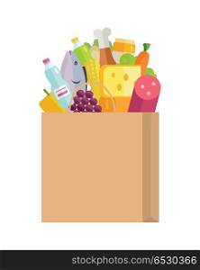 Grocery shopping vector concept. Purchases planning and buying fresh products for a week concept. Various foods sticking from paper bag illustration for market, shop, food delivery ad, menu, prints.. Grocery Shopping Concept Banner Illustration. . Grocery Shopping Concept Banner Illustration.