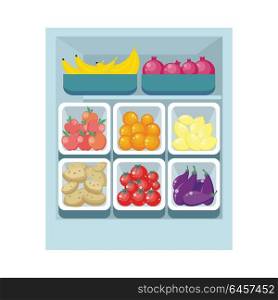 Grocery Store Assortment. Healthy Nutrition.. Bananas pomegranates tomatoes oranges lemons potatoes apples and eggfruits in trays isolated. Grocery store assortment, healthy nutrition. Part of series of fruits and vegetables in flat style. Vector