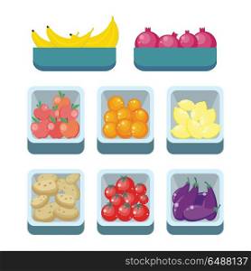 Grocery Store Assortment. Healthy Nutrition.. Bananas pomegranates tomatoes oranges lemons potatoes apples and eggfruits in trays isolated. Grocery store assortment, healthy nutrition. Part of series of fruits and vegetables in flat style. Vector