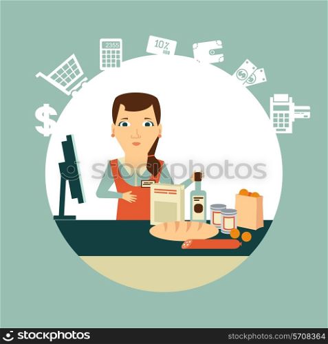 grocery store cashier at work illustration. Flat modern style vector design