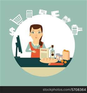 grocery store cashier at work illustration. Flat modern style vector design