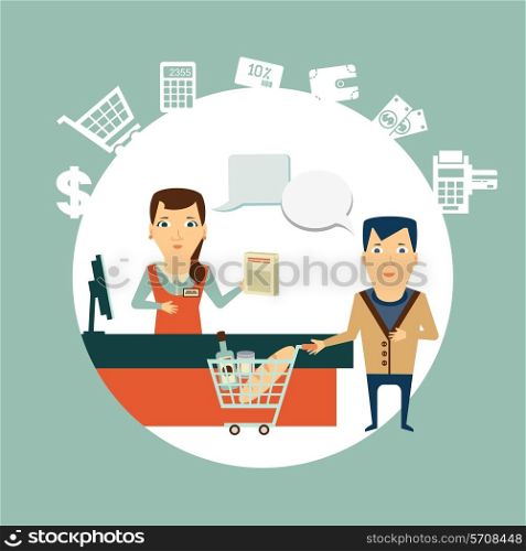 grocery store cashier serves customers illustration. Flat modern style vector design