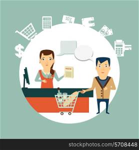 grocery store cashier serves customers illustration. Flat modern style vector design