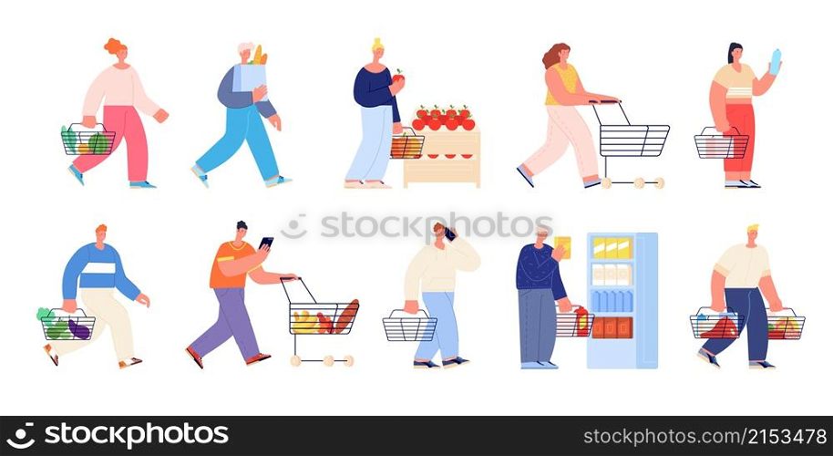 Grocery store characters. Buy in shop, supermarket shopping customers. Isolated flat people with cart and bag, buying food utter vector set. Illustration supermarket and store, purchase food. Grocery store characters. Buy in shop, supermarket shopping customers. Isolated flat people with cart and bag, buying food utter vector set