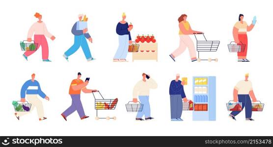 Grocery store characters. Buy in shop, supermarket shopping customers. Isolated flat people with cart and bag, buying food utter vector set. Illustration supermarket and store, purchase food. Grocery store characters. Buy in shop, supermarket shopping customers. Isolated flat people with cart and bag, buying food utter vector set