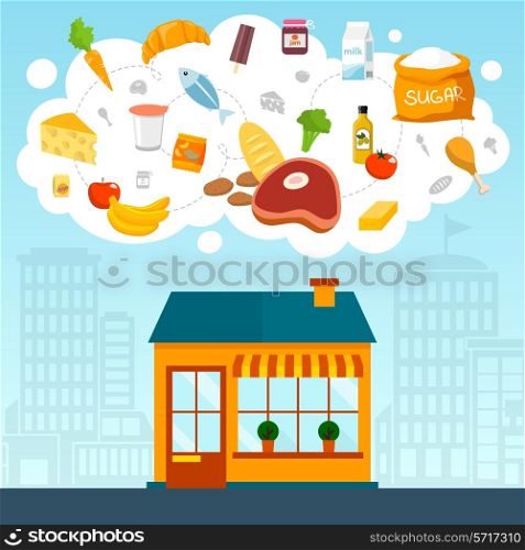 Grocery store concept with shop supermarket building front and food icons set vector illustration