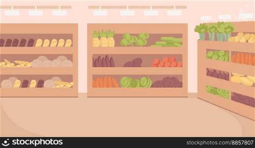 Grocery store flat color vector illustration. Supermarket sections. Retail business. Fully editable 2D simple cartoon interior with wooden shelves with vegetables and bread on background. Grocery store flat color vector illustration