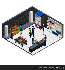 Grocery store isometric interior with customers came for shopping and shop staff 3d vector illustration. Grocery Store Isometric Interior 