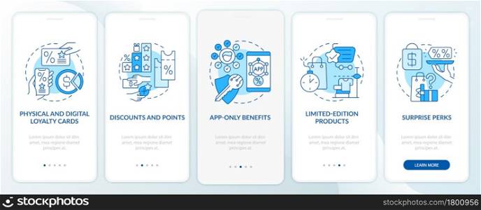 Grocery store loyalty program ideas blue onboarding mobile app page screen. Walkthrough 5 steps graphic instructions with concepts. UI, UX, GUI vector template with linear color illustrations. Grocery store loyalty program ideas blue onboarding mobile app page screen
