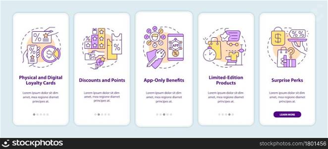 Grocery store loyalty program ideas onboarding mobile app page screen. Loyalty card walkthrough 5 steps graphic instructions with concepts. UI, UX, GUI vector template with linear color illustrations. Grocery store loyalty program ideas onboarding mobile app page screen